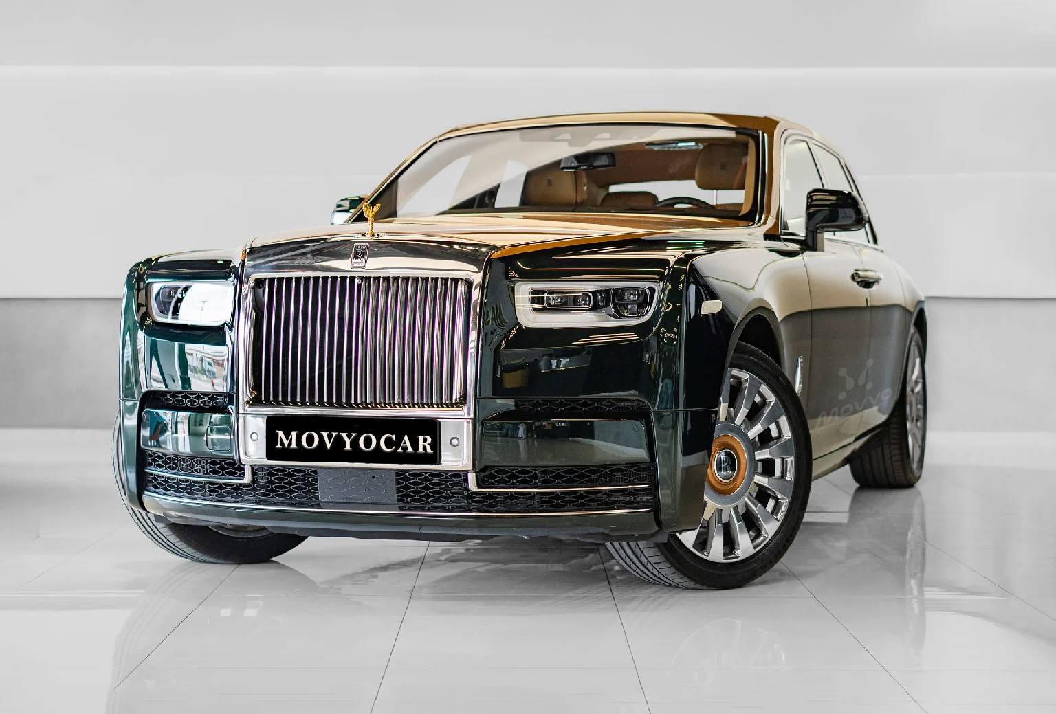 Movyocar Rolls Royce Phantom Grren Gold car rental in dubai