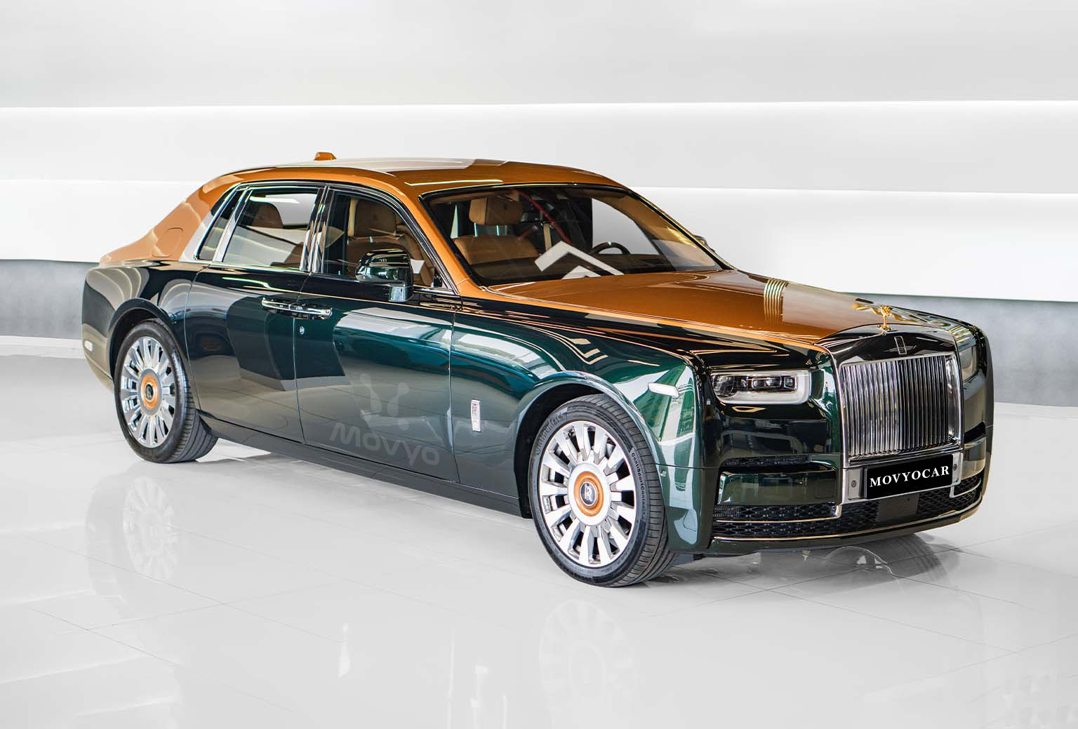 Movyocar Rolls Royce Phantom Grren Gold car rental in dubai